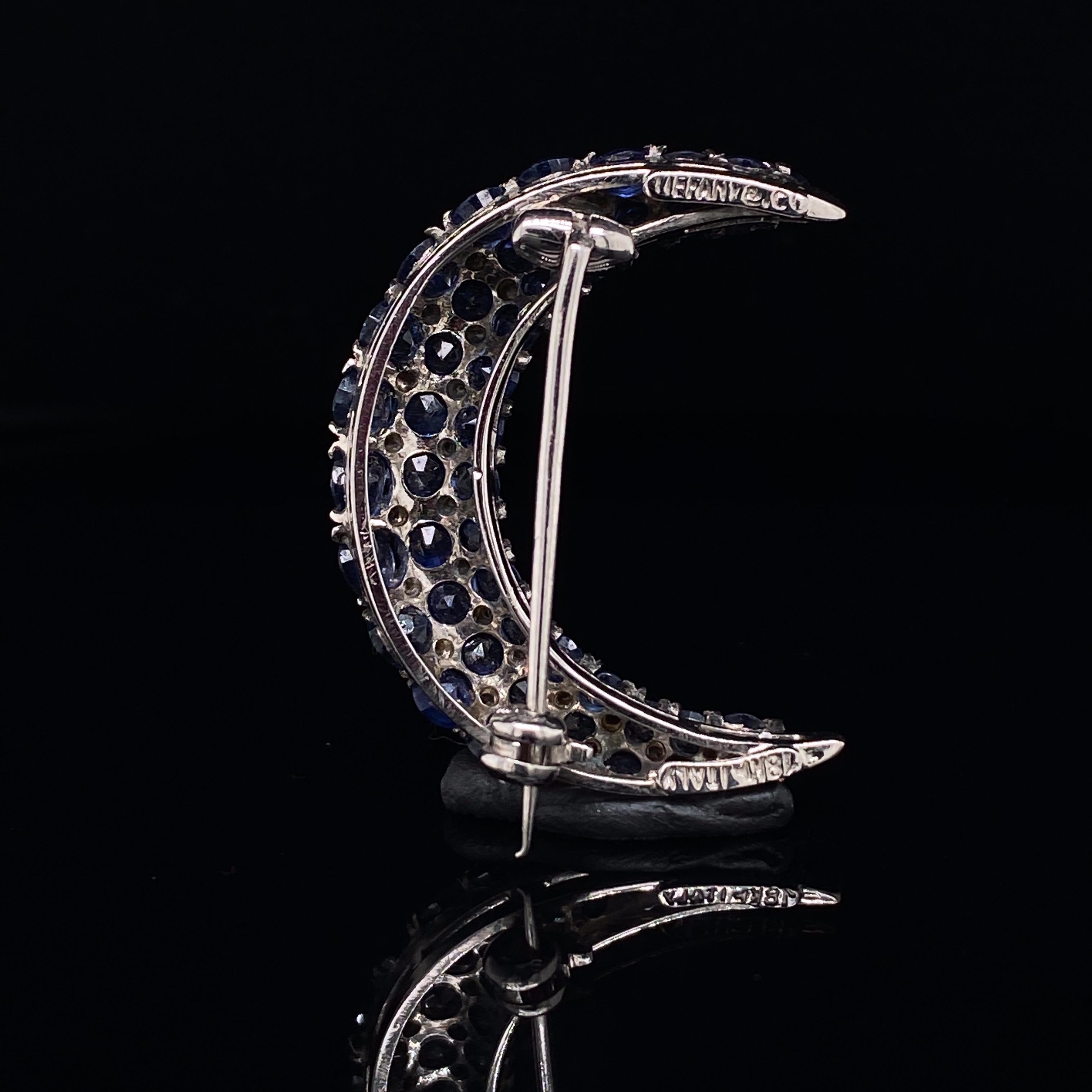 Tiffany & Co. Sapphire and Diamond 18 Karat White Gold Crescent Moon Brooch For Sale 2