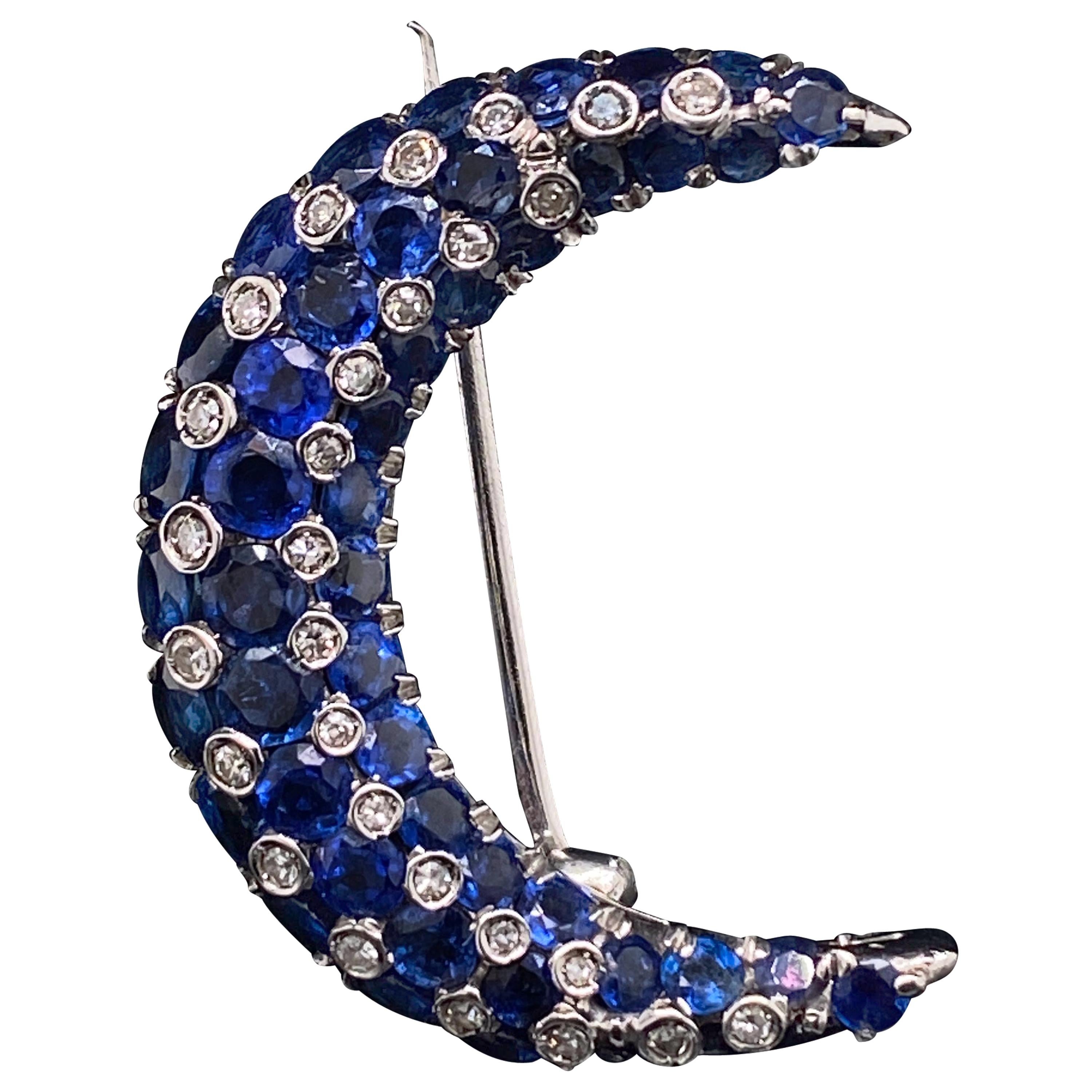 Tiffany & Co. Sapphire and Diamond 18 Karat White Gold Crescent Moon Brooch