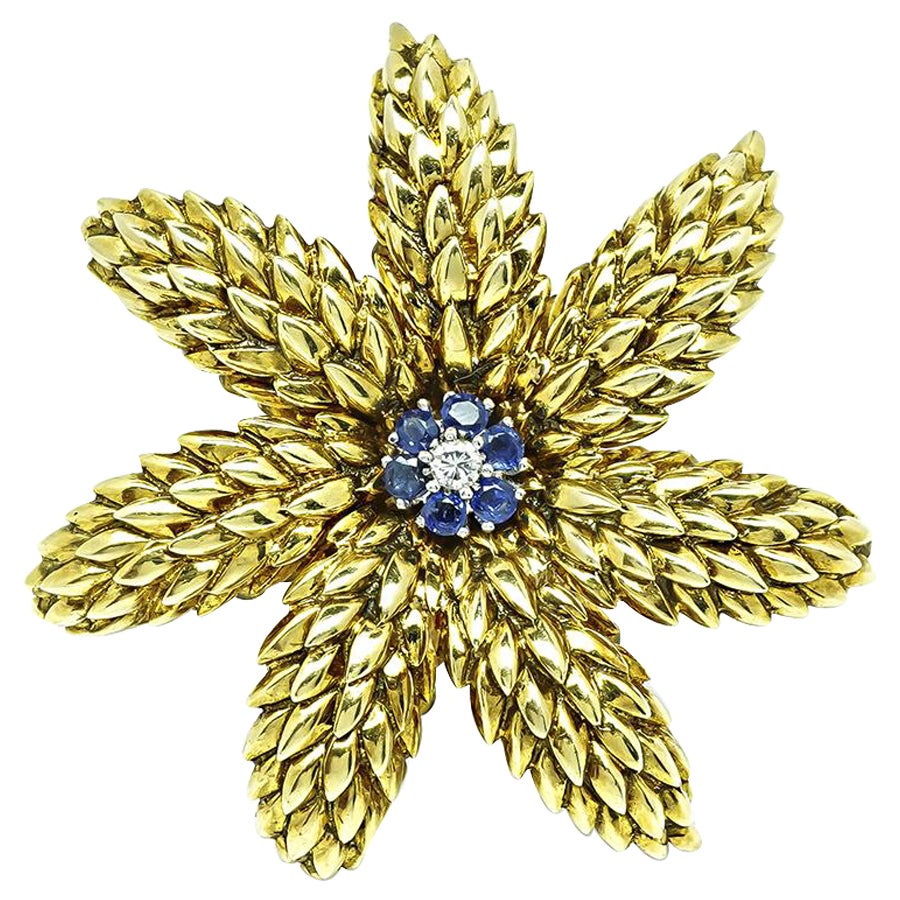 Tiffany & Co Sapphire and Diamond Gold Flower Pin
