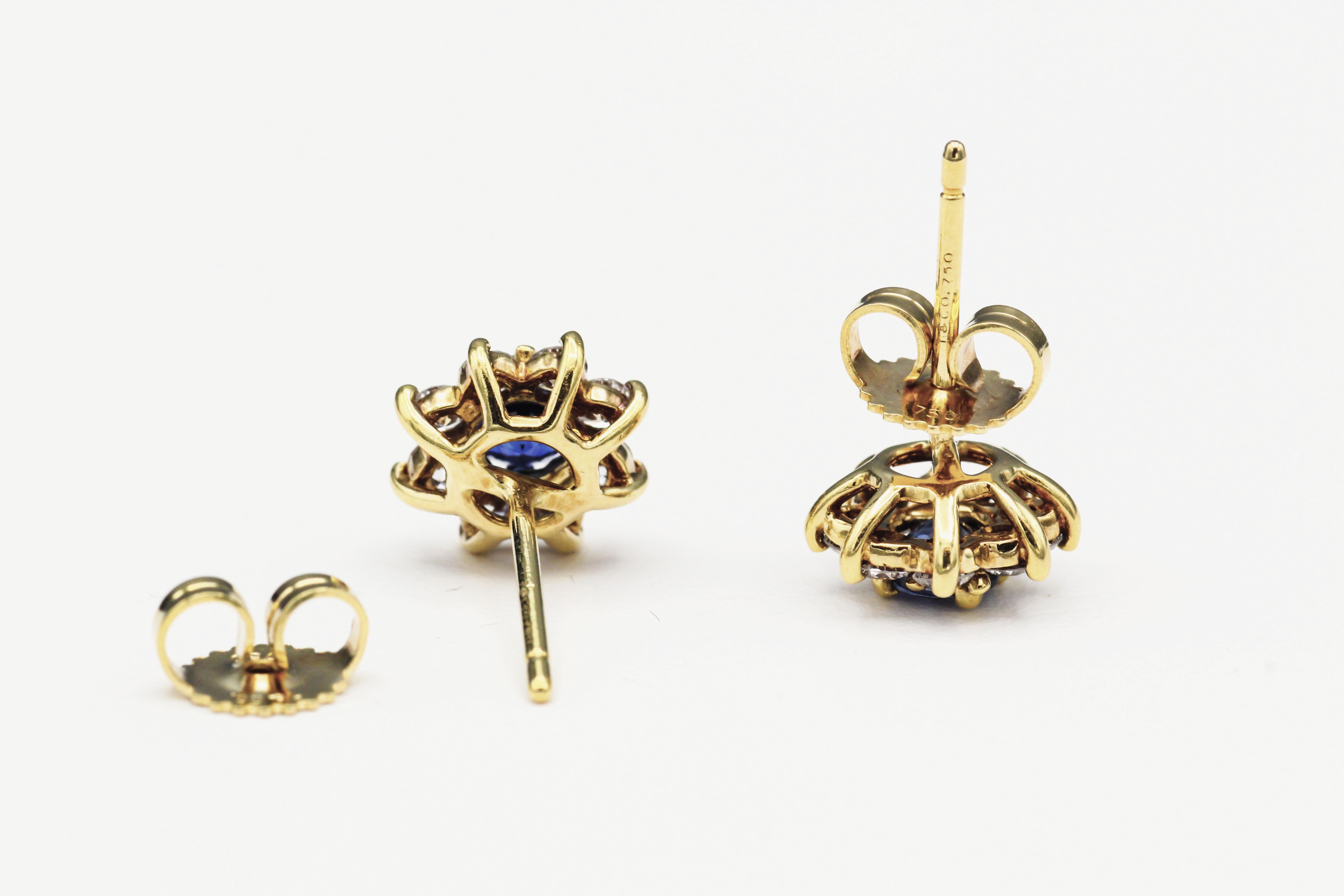 Round Cut Tiffany & Co. Sapphire and Diamond Halo 18k Yellow Gold Stud Earrings