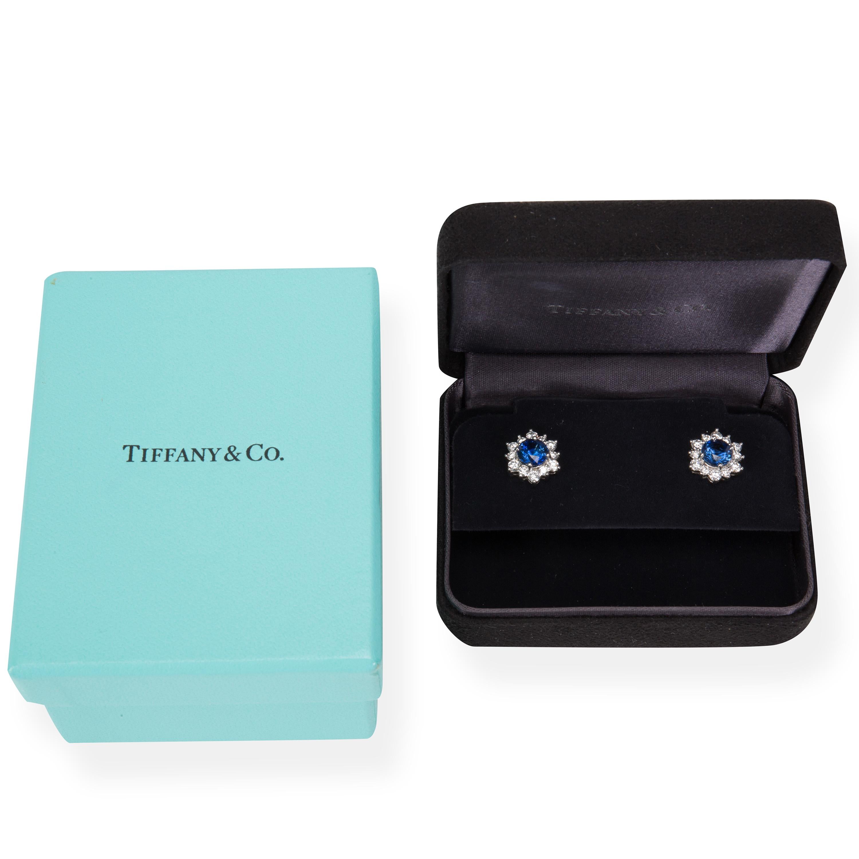 Round Cut Tiffany & Co. Sapphire and Diamond Halo Earrings in Platinum