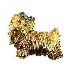 Vintage Tiffany & Co. Sapphire and Diamond Yorkie Dog Brooch Yellow Gold, Circa 1960