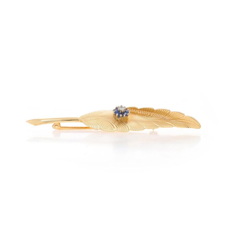 Round Cut Tiffany & Co Sapphire Dia Vintage Quill Feather Brooch Yellow Gold 14k.35ctw Pin For Sale