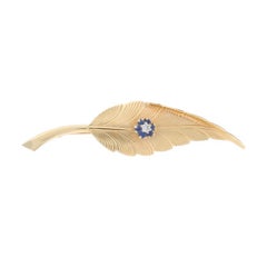 Tiffany & Co Sapphire Dia Vintage Quill Feather Brooch Yellow Gold 14k.35ctw Pin