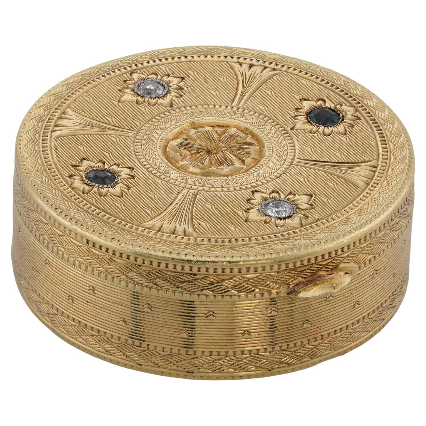 TIFFANY & CO Sapphire Diamond 14k Yellow Gold Filigree 1940s Pill Box For Sale