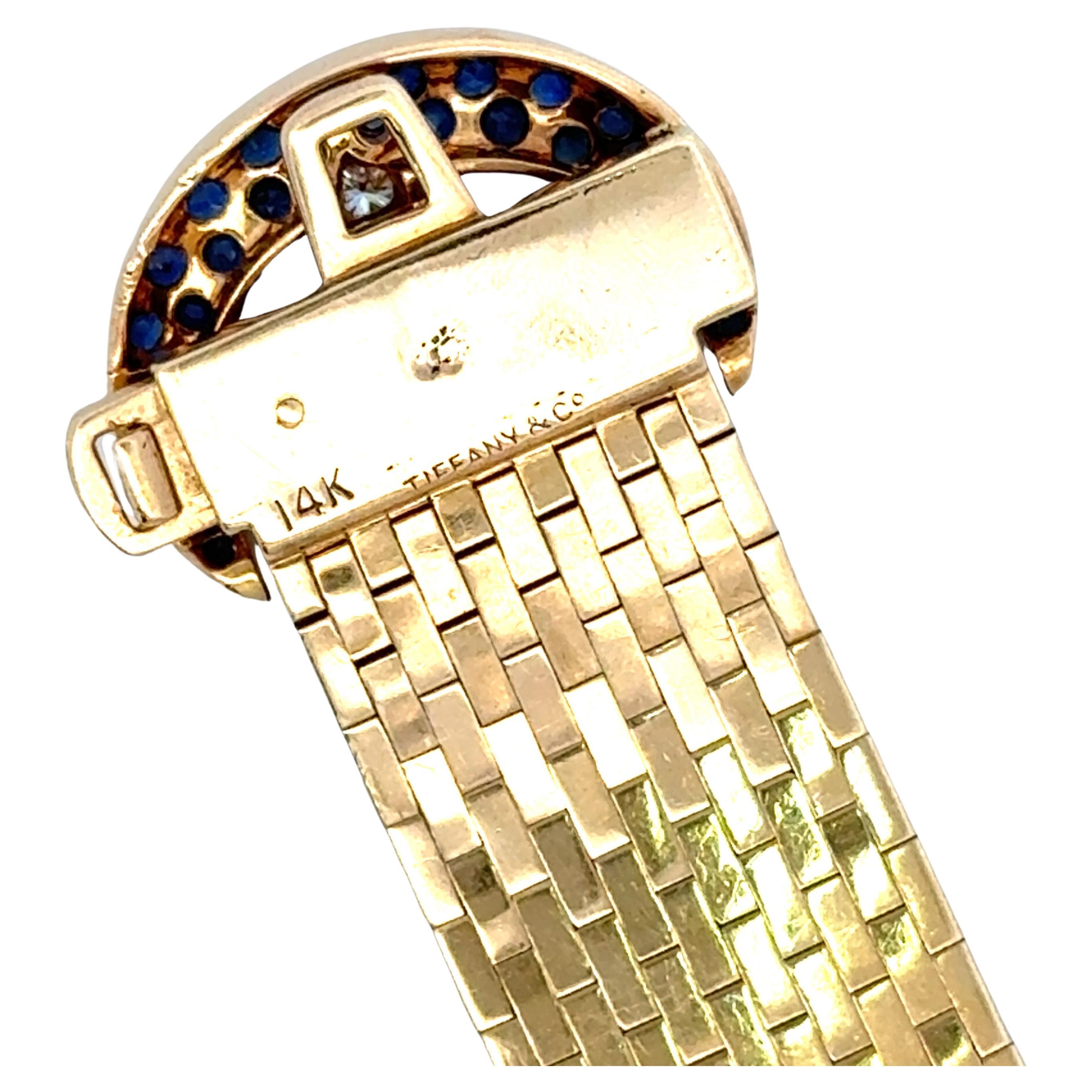 Round Cut Tiffany & Co Sapphire Diamond Buckle Woven Bracelet 42.1 Grams 14KT Yellow Gold