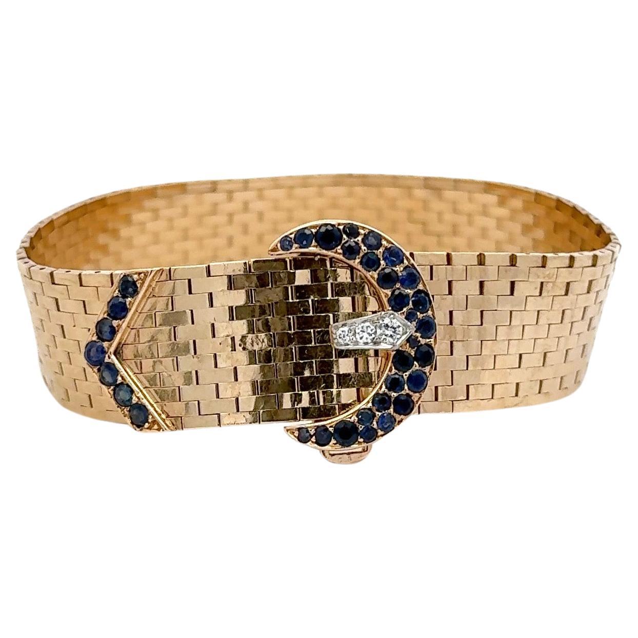 Tiffany & Co Sapphire Diamond Buckle Woven Bracelet 42.1 Grams 14KT Yellow Gold In Excellent Condition In New York, NY
