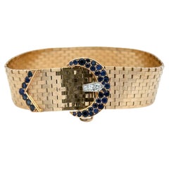 Tiffany & Co Sapphire Diamond Buckle Woven Bracelet 42.1 Grams 14KT Yellow Gold