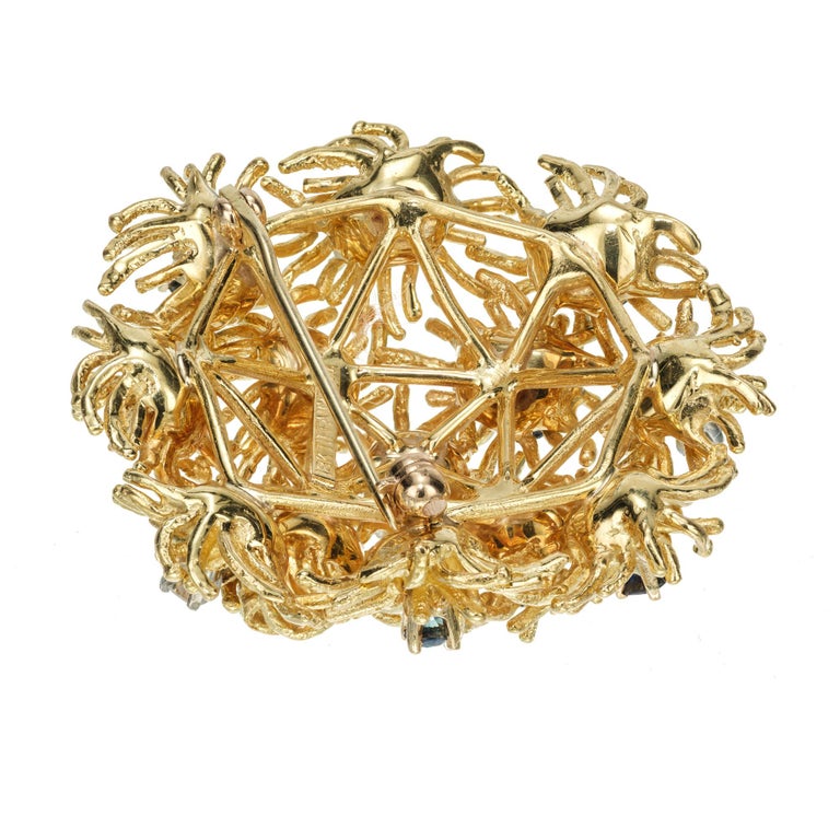 Round Cut Tiffany & Co. Sapphire Diamond Gold Domed Flower Brooch