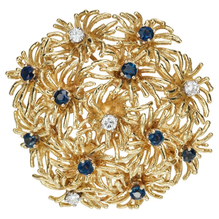 Tiffany & Co. Sapphire Diamond Gold Domed Flower Brooch