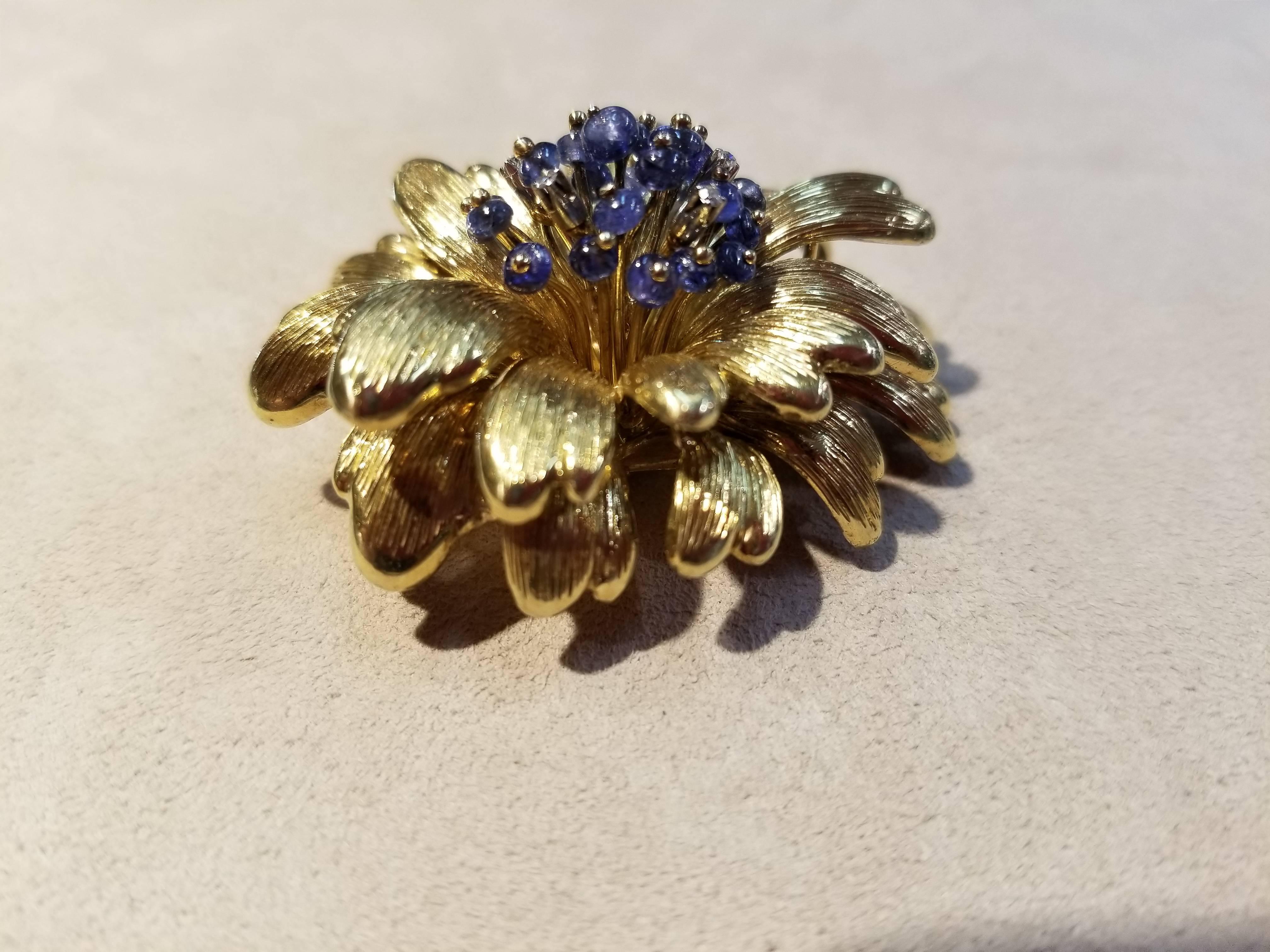 Tiffany & Co. Sapphire Diamond Gold Foliate Brooch For Sale 3