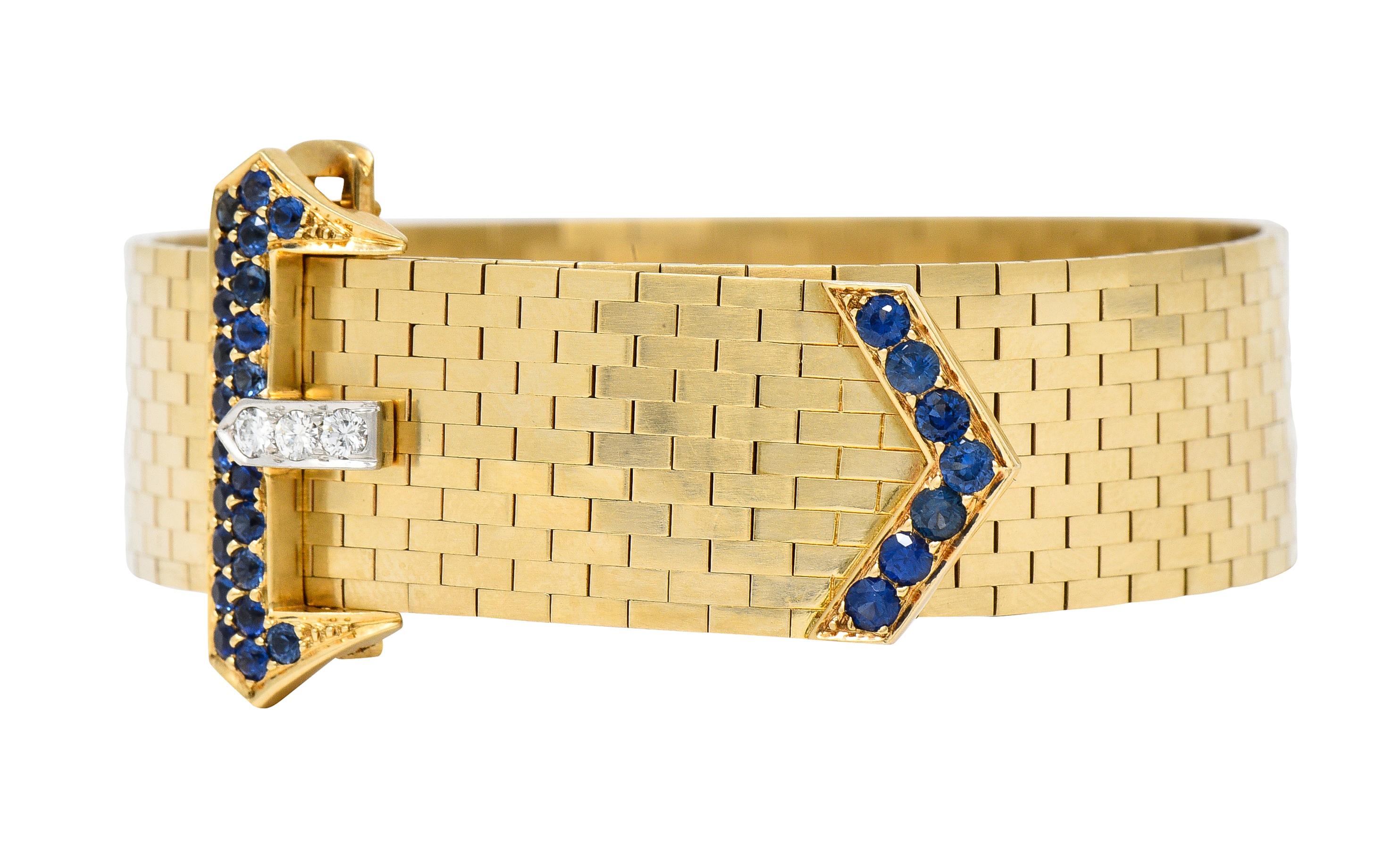 Round Cut Tiffany & Co. Sapphire Diamond Platinum 14 Karat Gold Mesh Belt Buckle Bracelet