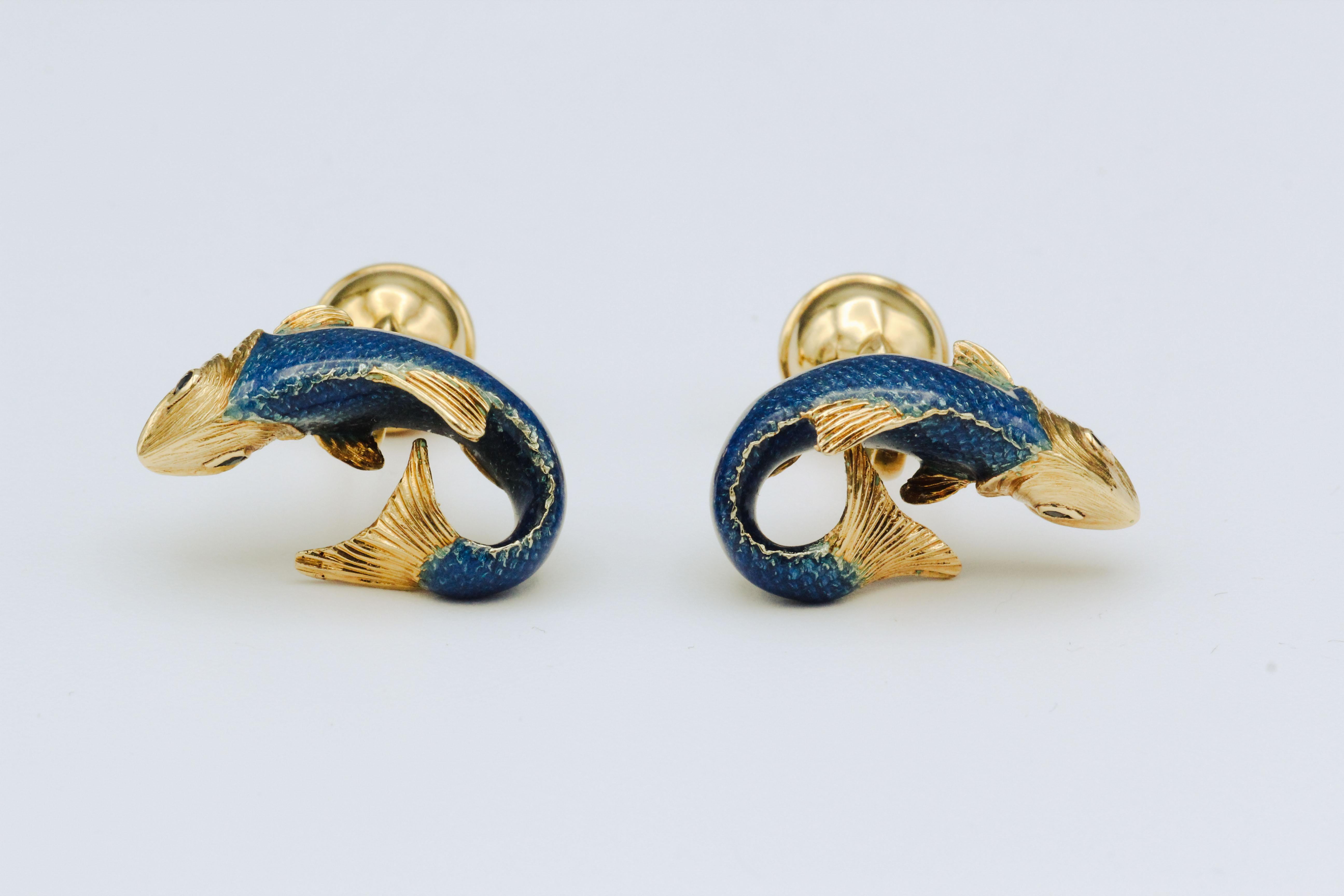 Contemporary Tiffany & Co. Sapphire Enamel 18k Gold Fish Cufflinks