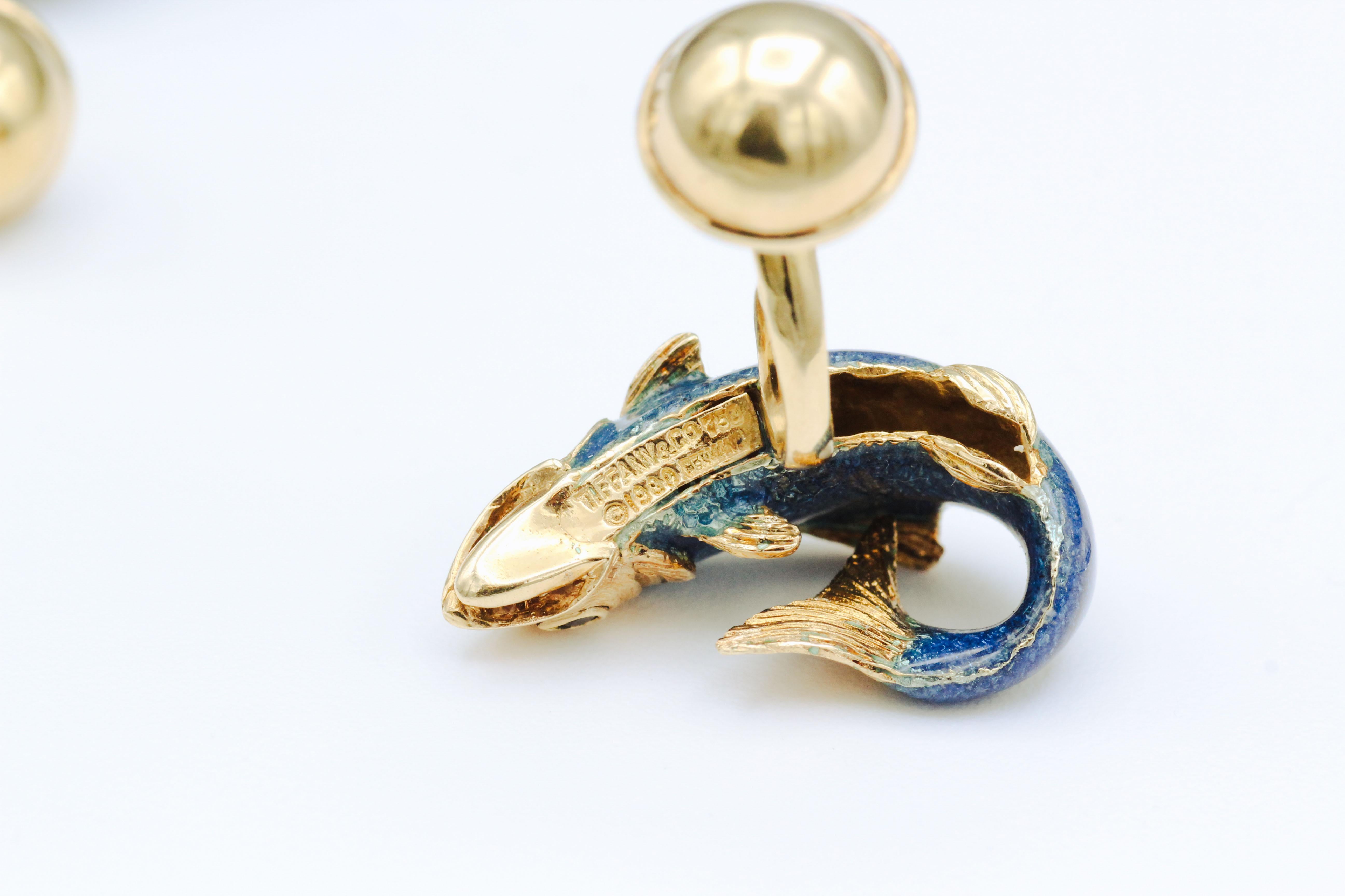Tiffany & Co. Sapphire Enamel 18k Gold Fish Cufflinks 1