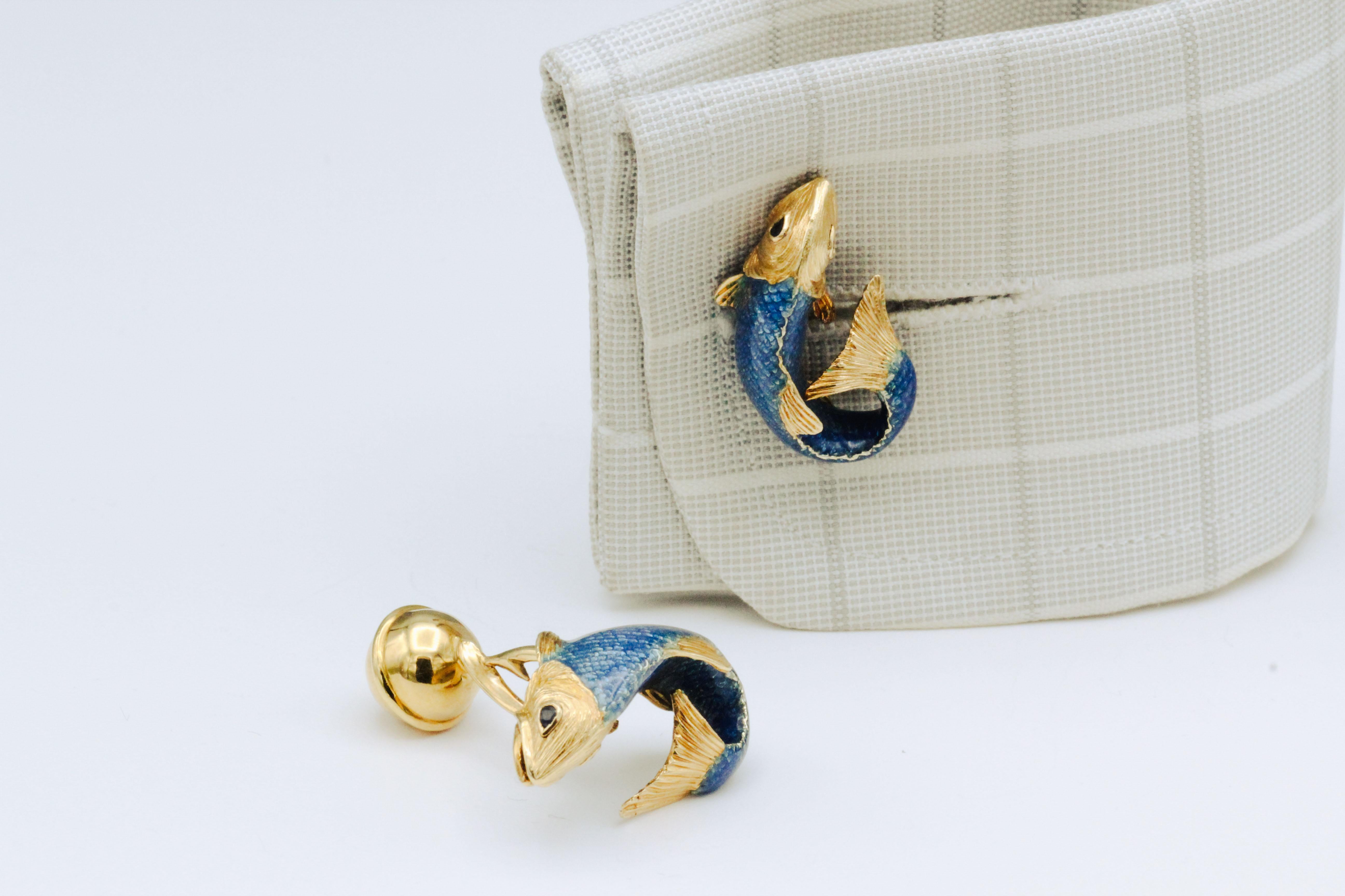 Tiffany & Co. Sapphire Enamel 18k Gold Fish Cufflinks 2