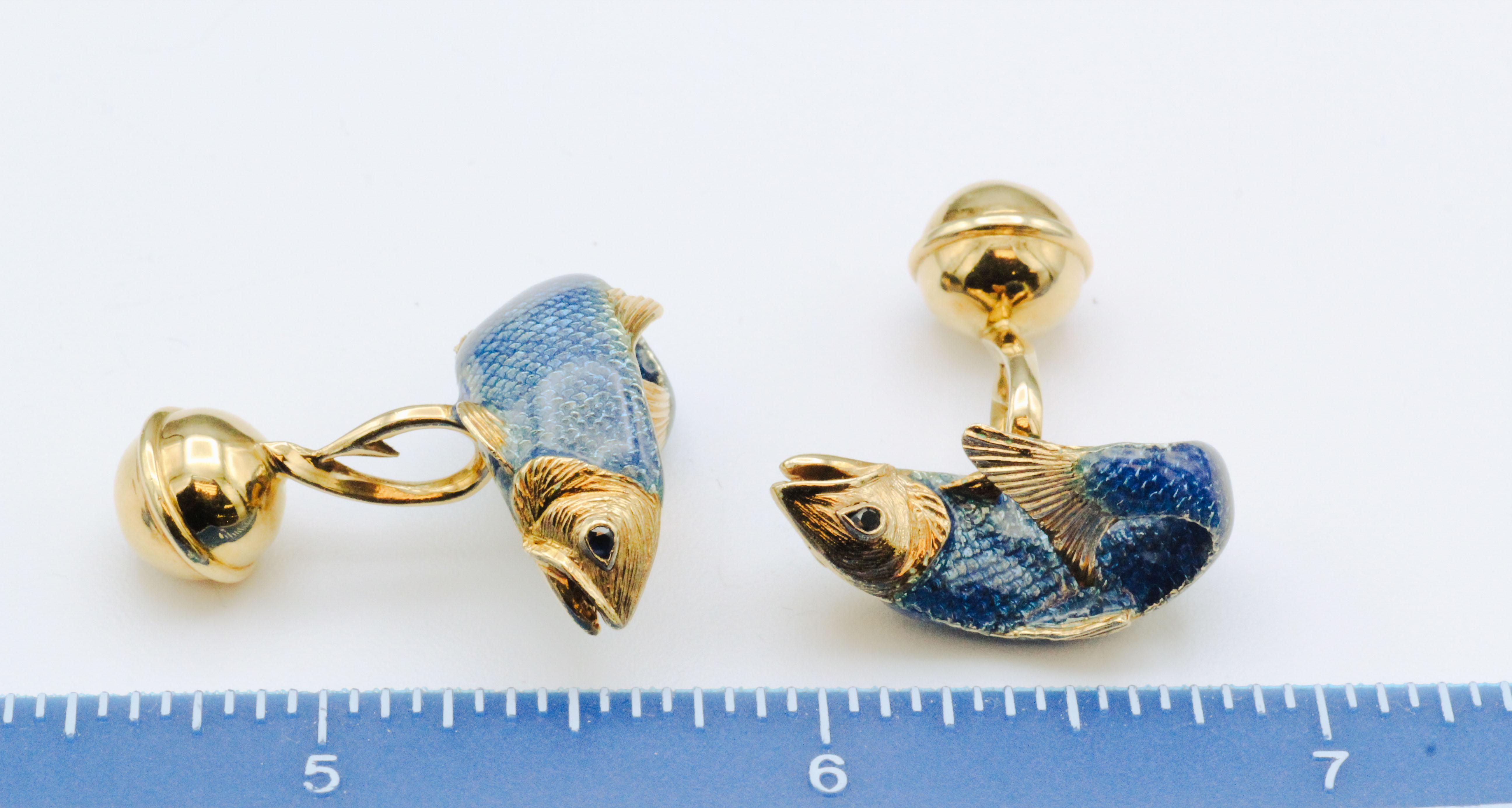 Tiffany & Co. Sapphire Enamel 18k Gold Fish Cufflinks 3