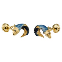 Tiffany & Co. Sapphire Enamel 18k Gold Fish Cufflinks