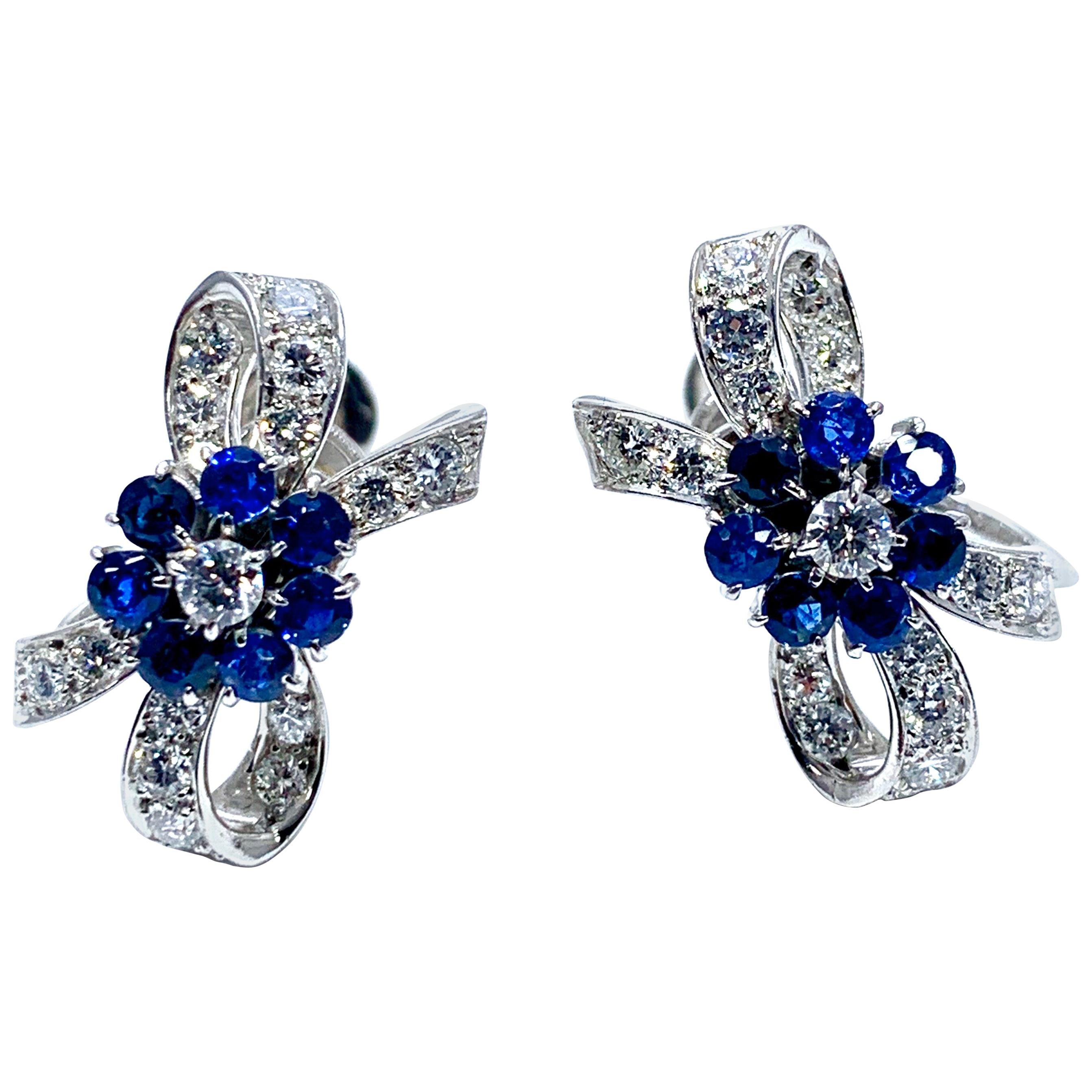 Tiffany 
Co. Sapphire Flower and Diamond Bow Palladium Earrings