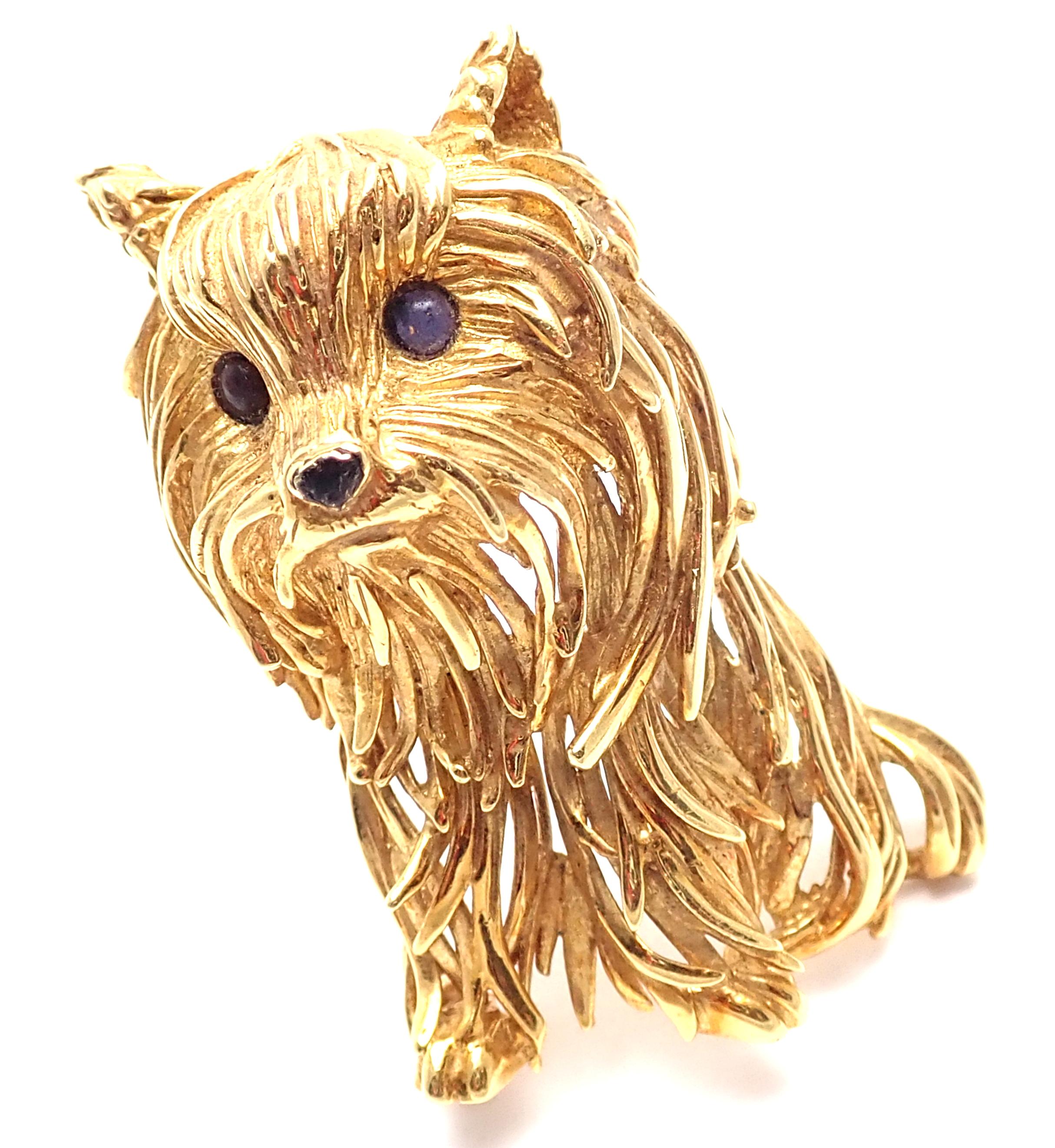 18k Yellow Gold Sapphire Large Yorkie Dog Brooch Pin by Tiffany & Co. 
With 2 round sapphires  in the eyes.
Details: 
Measurements: 1 3/4