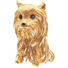 Vintage Tiffany & Co Sapphire Large Yorkie Dog Yellow Gold Brooch Pin