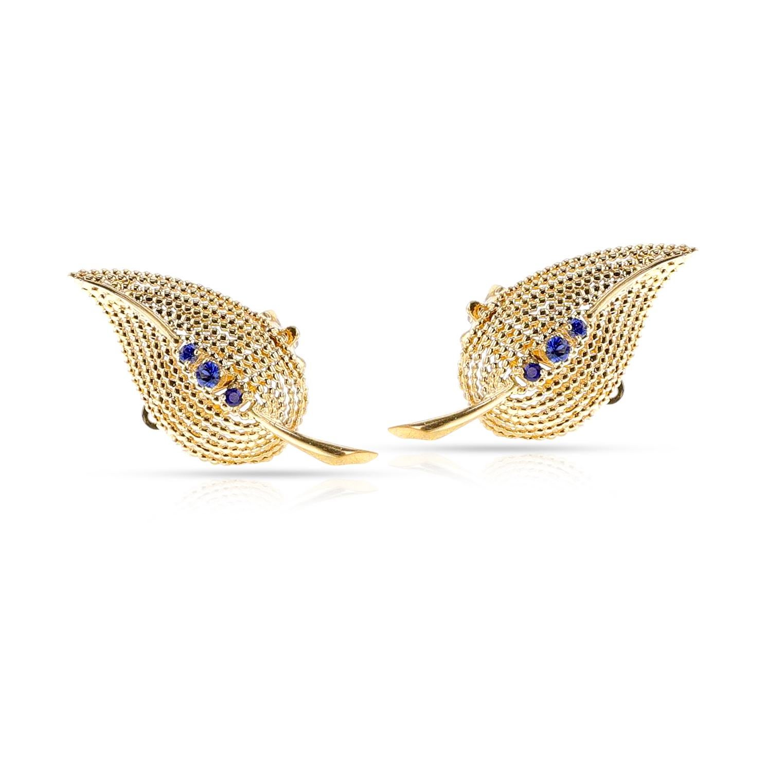 Tiffany & Co. Sapphire Leaf Earrings, 18k In Excellent Condition For Sale In New York, NY