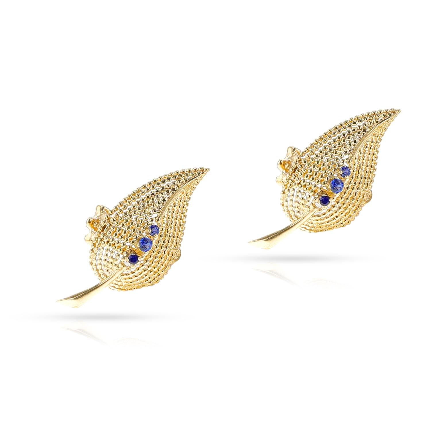 Tiffany & Co. Sapphire Leaf Earrings, 18k In Excellent Condition For Sale In New York, NY