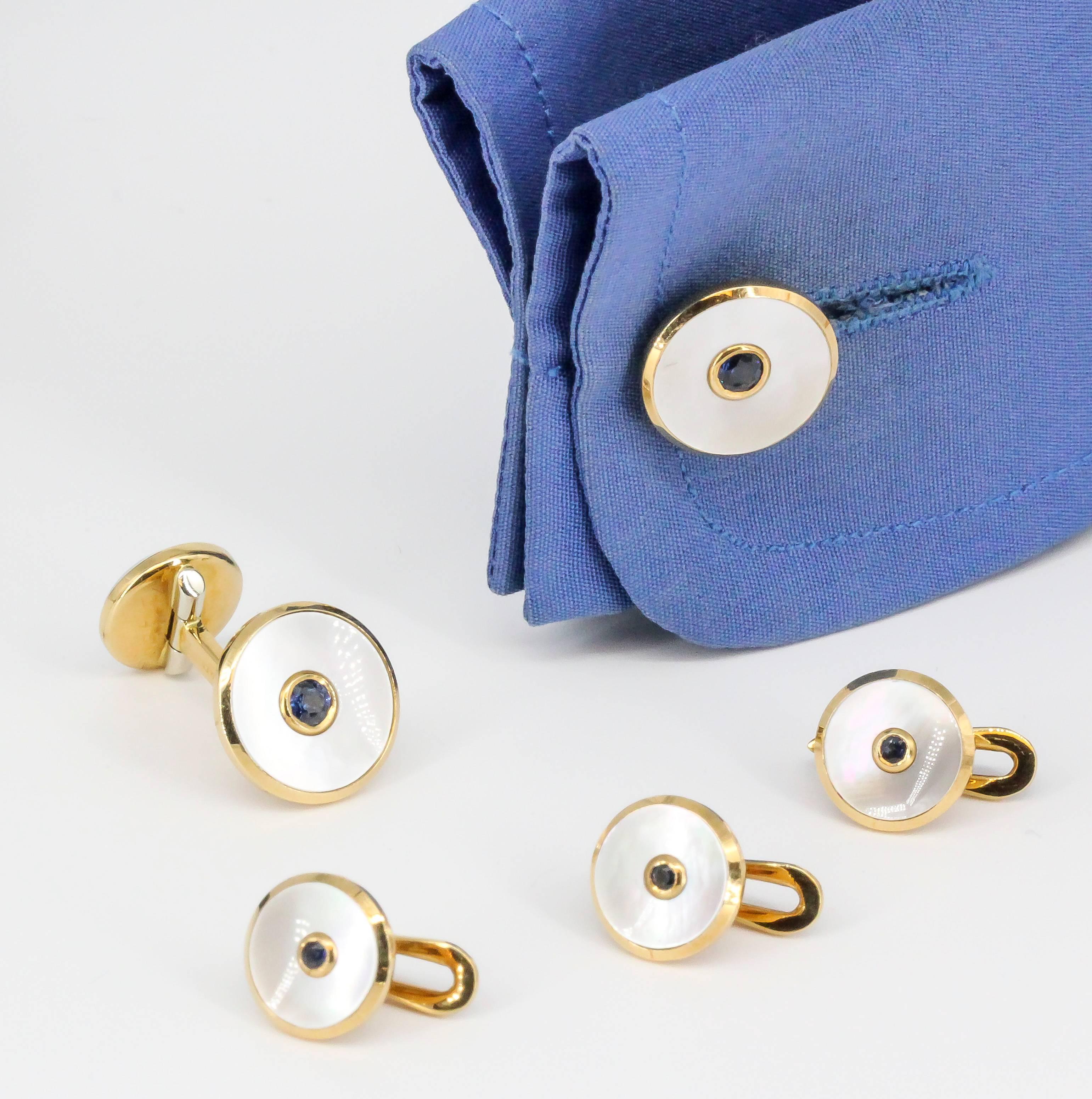 Men's Tiffany & Co. Sapphire, Mother-of-Pearl and Yellow Gold Cufflinks and Stud Set