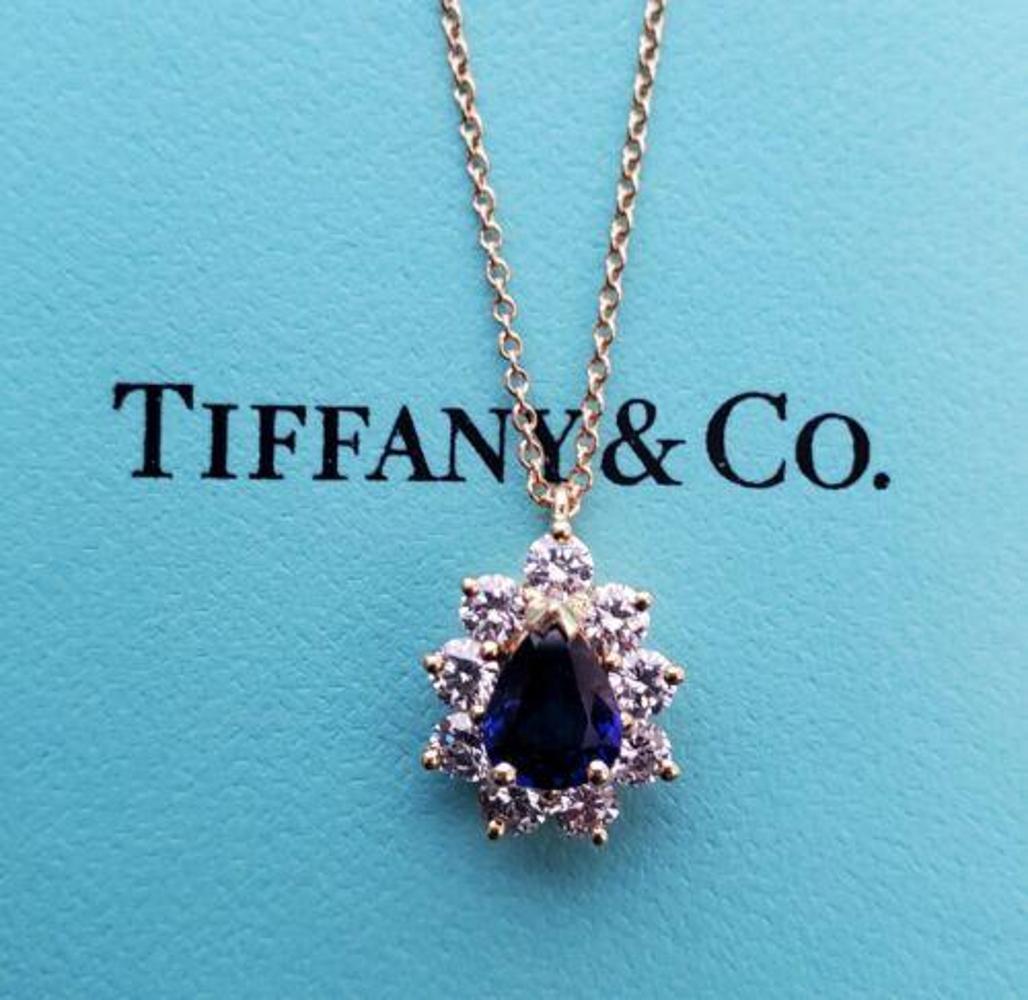 Pear Cut Tiffany & Co. Sapphire Pear Diamond Pendant Necklace 18k Yellow Gold & Box For Sale