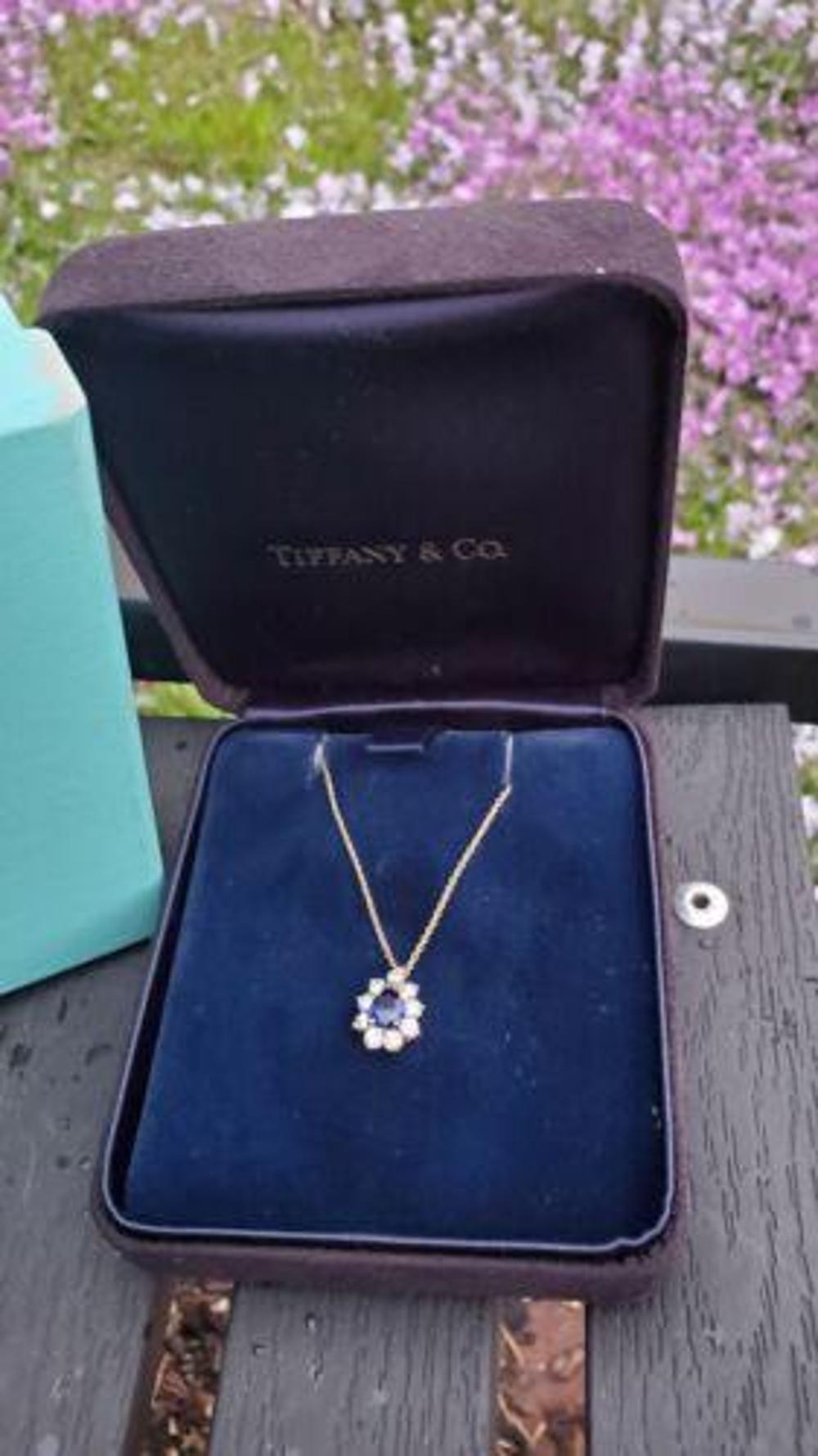 Women's Tiffany & Co. Sapphire Pear Diamond Pendant Necklace 18k Yellow Gold & Box For Sale