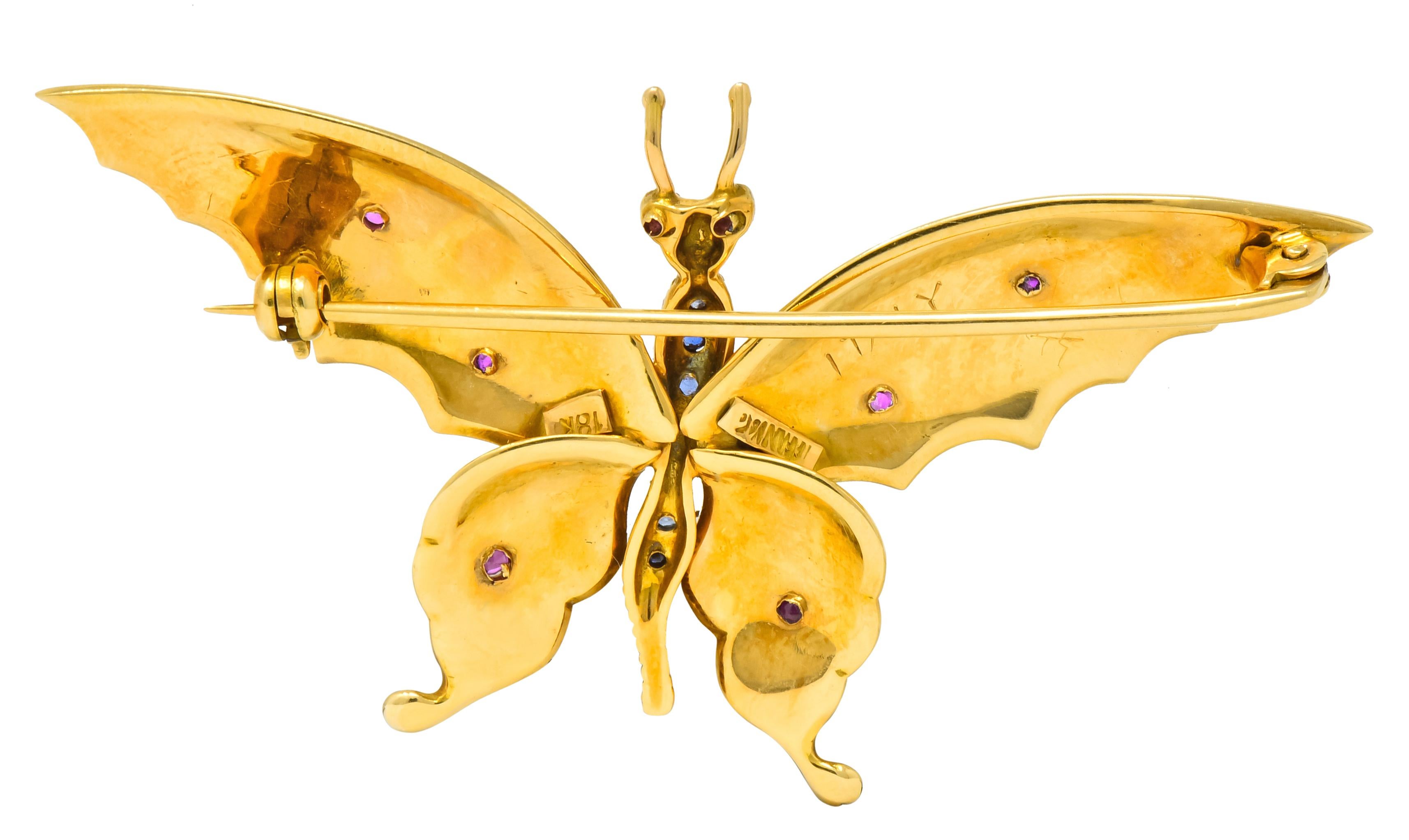 Women's or Men's Tiffany & Co. Sapphire Ruby 18 Karat Green Gold Butterfly Brooch