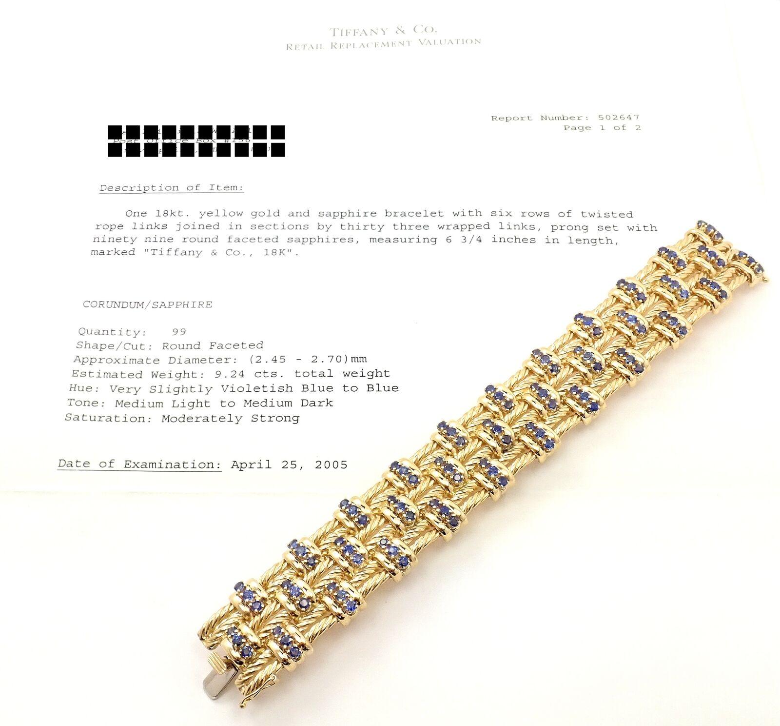 Brilliant Cut Tiffany & Co. Sapphire Twisted Rope Yellow Gold Link Bracelet For Sale