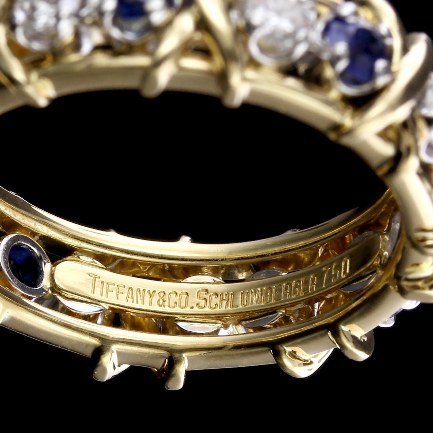 Tiffany & Co. Schlumbereger 18K Yellow Gold and Platinum Sapphire & Diamond Ring In Good Condition In Nashua, NH