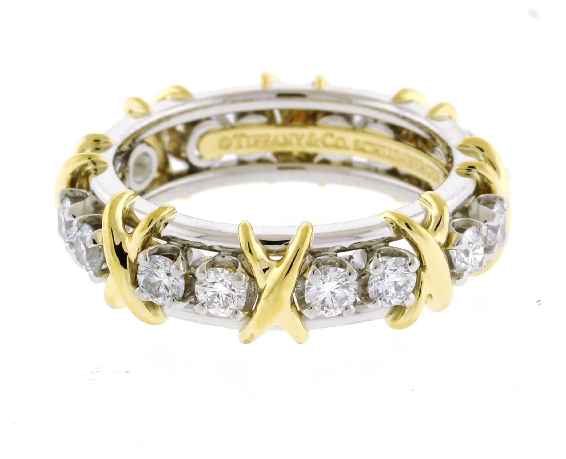 Brilliant Cut Tiffany & Co. Schlumberger 16 Stone Diamond Platinum an Gold X-Ring Size 5.75