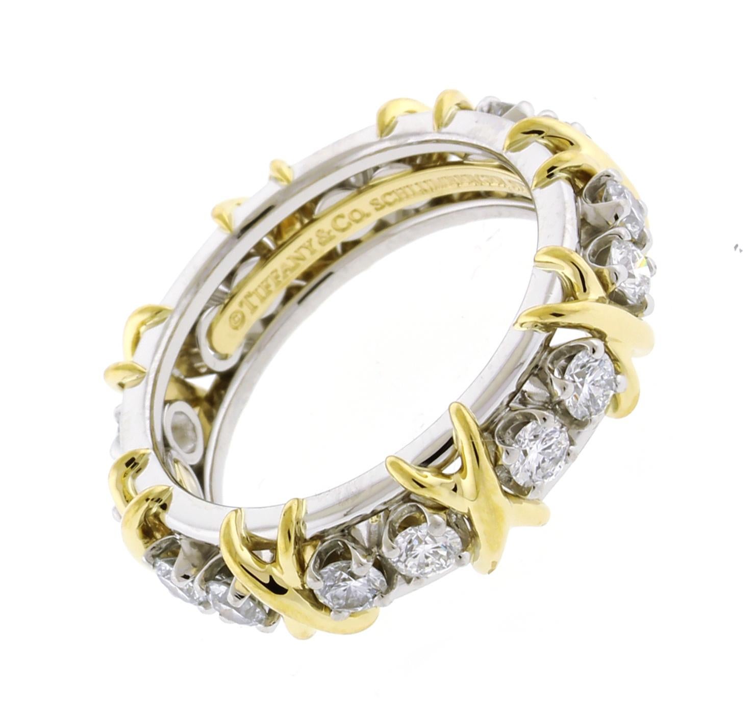 Tiffany & Co. Schlumberger 16 Stone Diamond Platinum an Gold X-Ring Size 5.75 In Excellent Condition In Bethesda, MD