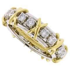 Tiffany & Co. Schlumberger 16 Stone Diamond Platinum an Gold X-Ring Size 5.75