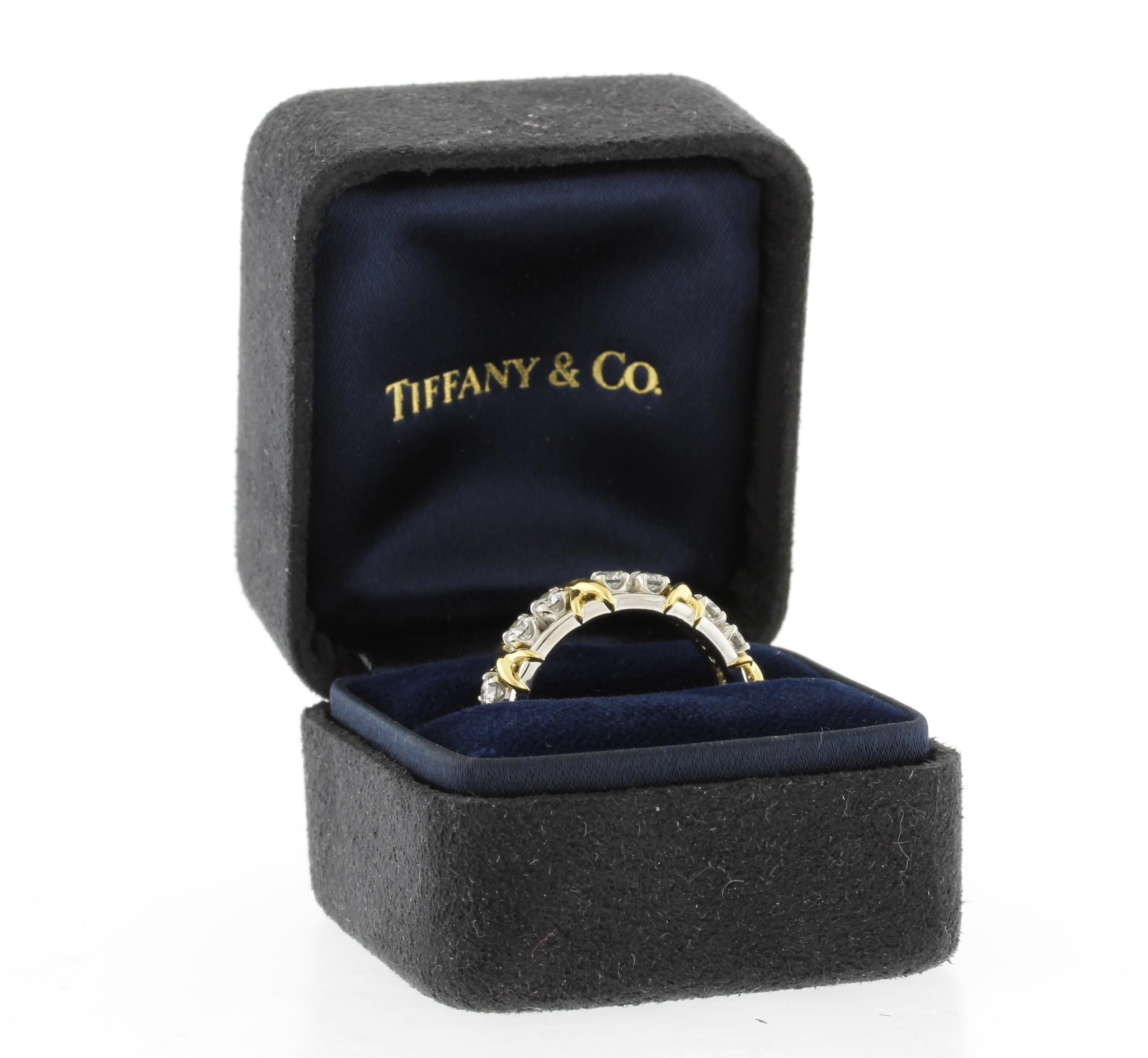 Tiffany & Co. Schlumberger 16 Stone Diamond Platinum and Gold X-Ring In Excellent Condition For Sale In Bethesda, MD