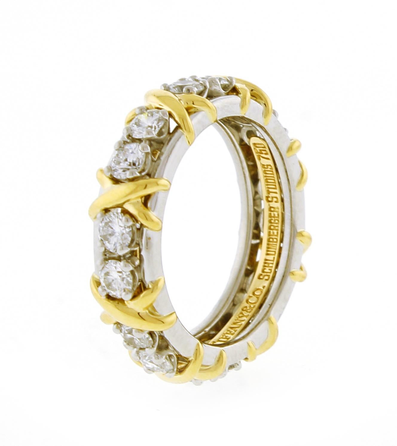 Round Cut Tiffany & Co. Schlumberger 16-Stone Diamond Platinum and Gold X-Ring