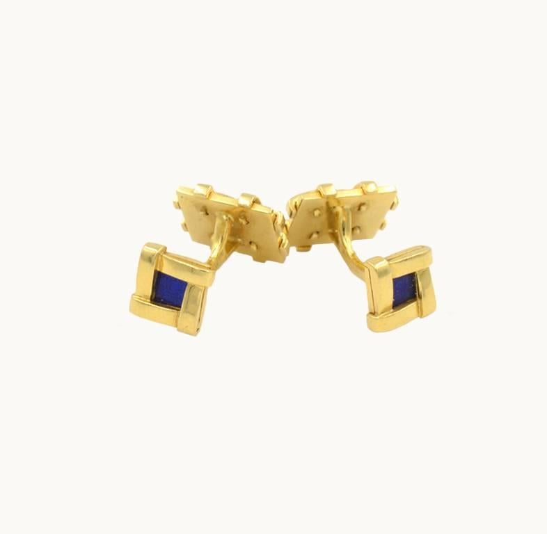 Tiffany & Co. Schlumberger 18 Karat Gold and Blue Enamel Basketweave Cufflinks In Excellent Condition In Los Angeles, CA