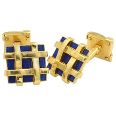 Tiffany & Co. Schlumberger 18 Karat Gold and Blue Enamel Basketweave Cufflinks