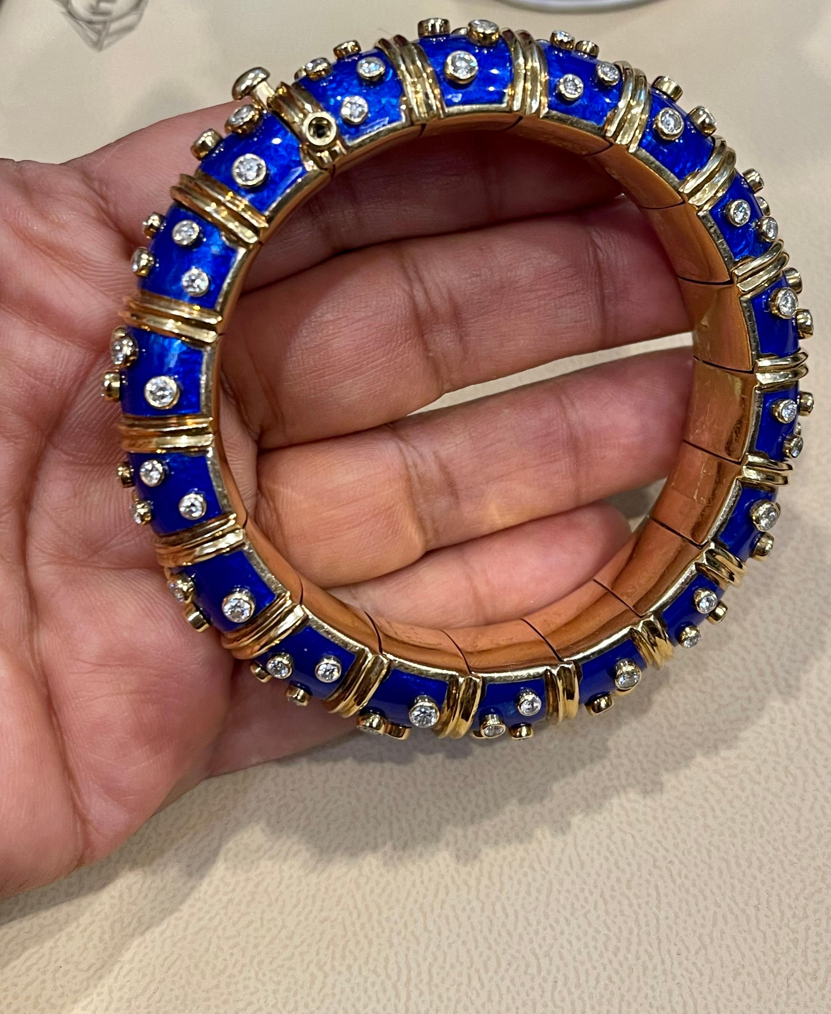 Tiffany & Co. Schlumberger 18 Karat Gold Blue Enamel 5.6 Ct Diamond Bangle 4