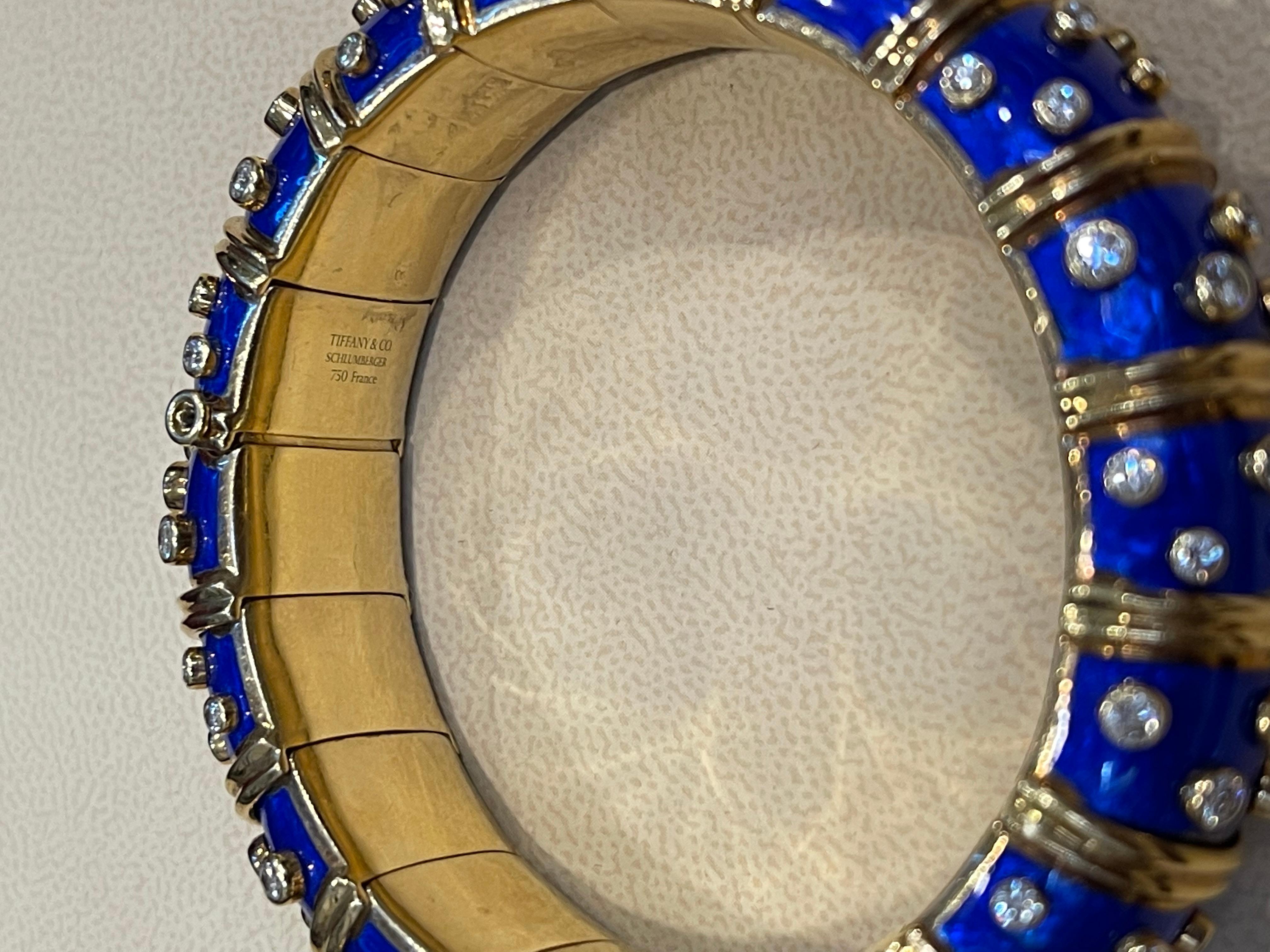 Tiffany & Co. Schlumberger 18 Karat Gold Blue Enamel 5.6 Ct Diamond Bangle 5