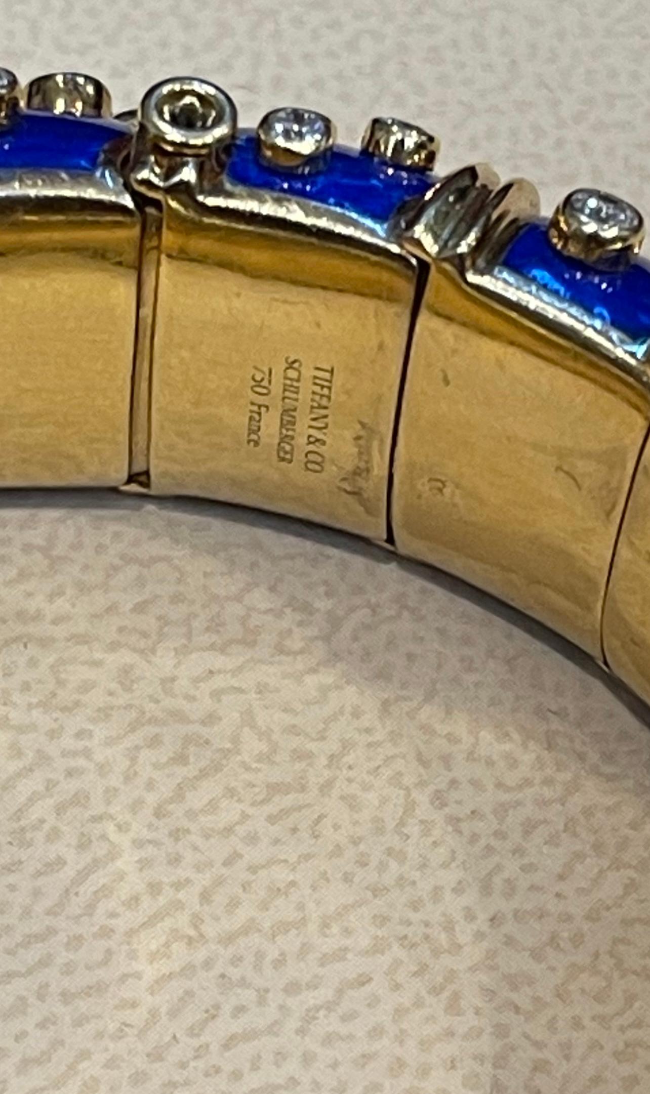 Tiffany & Co. Schlumberger 18 Karat Gold Blue Enamel 5.6 Ct Diamond Bangle 6