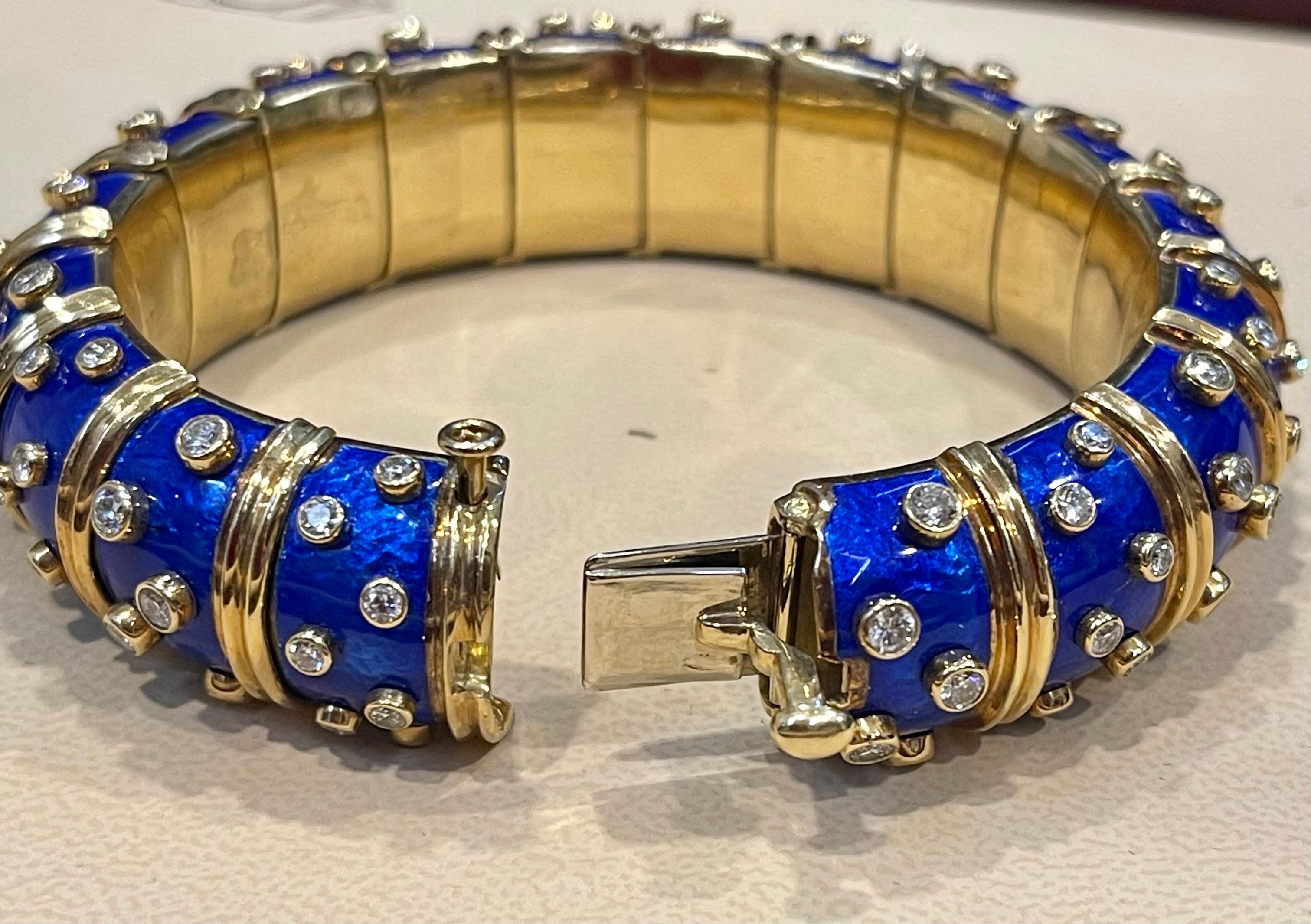 Tiffany & Co. Schlumberger 18 Karat Gold Blue Enamel 5.6 Ct Diamond Bangle 7