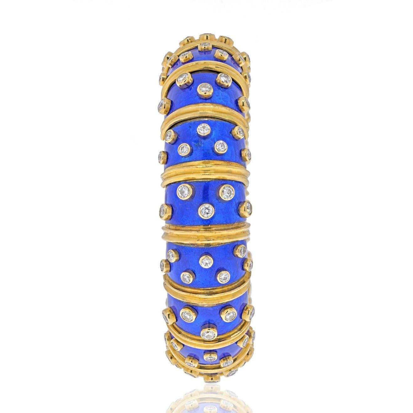 Retro Tiffany & Co. Schlumberger 18 Karat Gold Blue Enamel 5.6 Ct Diamond Bangle