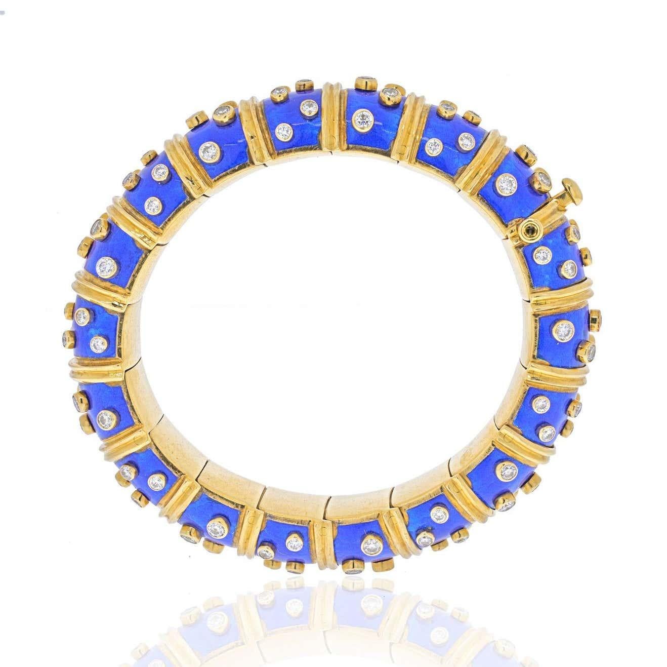 Round Cut Tiffany & Co. Schlumberger 18 Karat Gold Blue Enamel 5.6 Ct Diamond Bangle