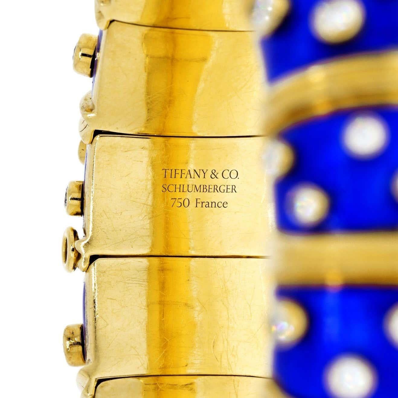 Tiffany & Co. Schlumberger 18 Karat Gold Blue Enamel 5.6 Ct Diamond Bangle In Excellent Condition In New York, NY