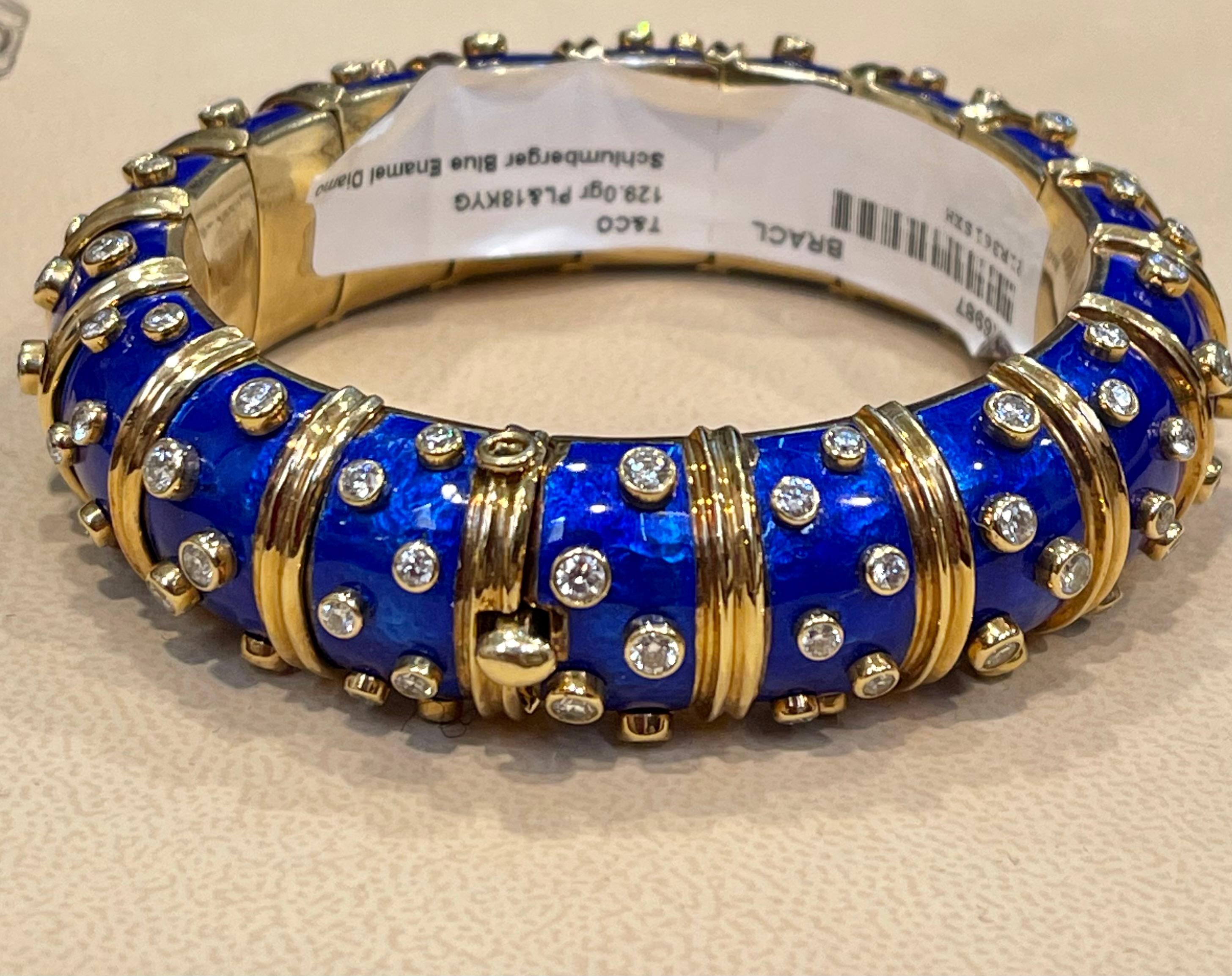 Women's Tiffany & Co. Schlumberger 18 Karat Gold Blue Enamel 5.6 Ct Diamond Bangle