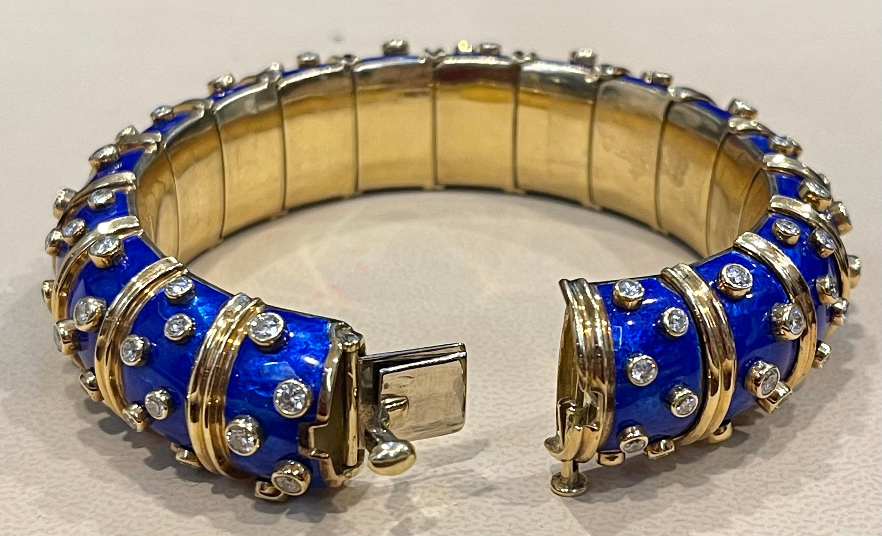 Tiffany & Co. Schlumberger 18 Karat Gold Blue Enamel 5.6 Ct Diamond Bangle 1