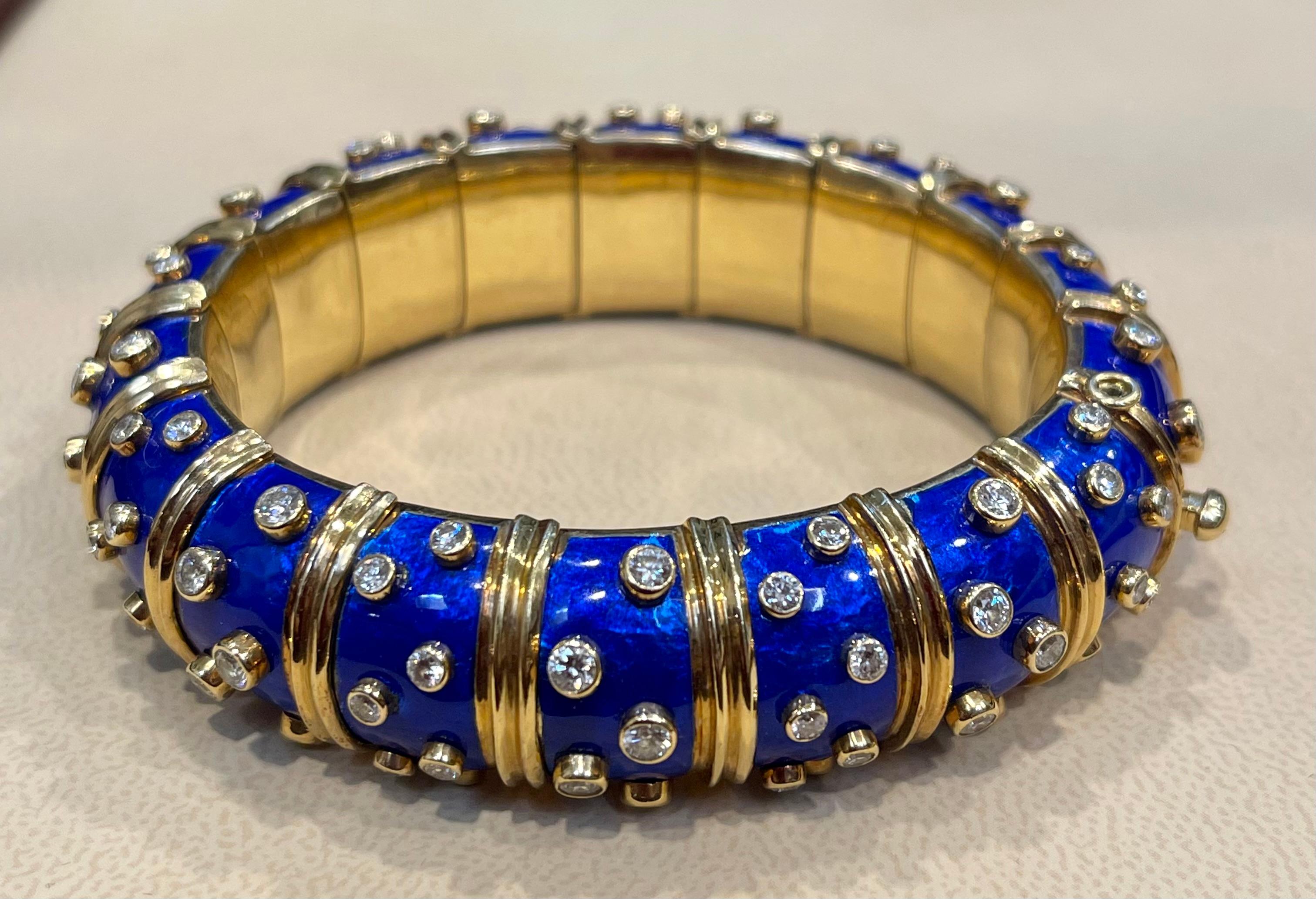 Tiffany & Co. Schlumberger 18 Karat Gold Blue Enamel 5.6 Ct Diamond Bangle 2