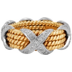 Tiffany & Co. Schlumberger 18 Karat Gold Platin Diamanten Seil Vierreihiger X Ring